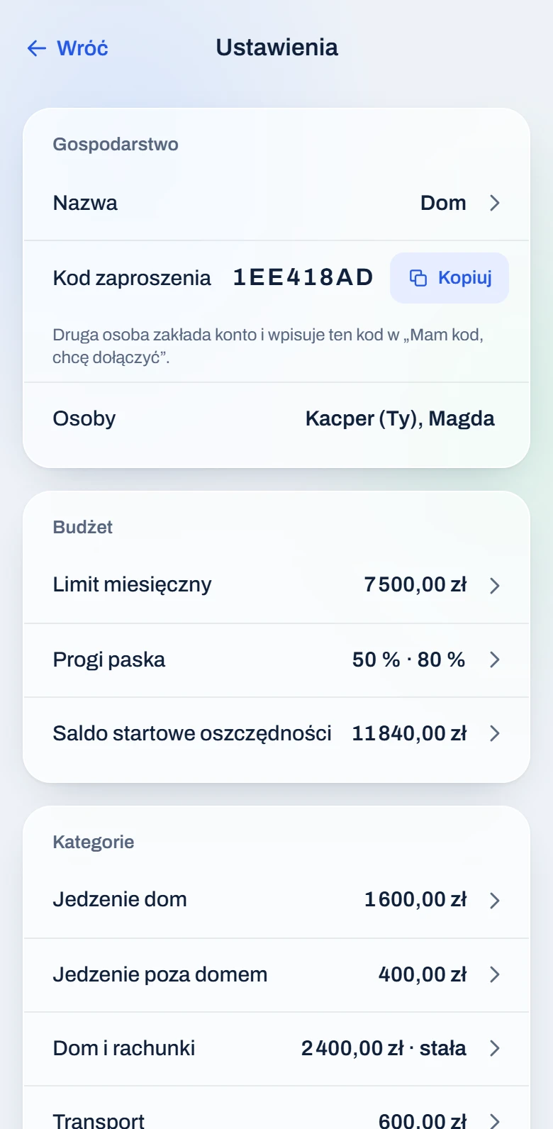 Ustawienia gospodarstwa: nazwa, kod zaproszenia i dwie osoby.
