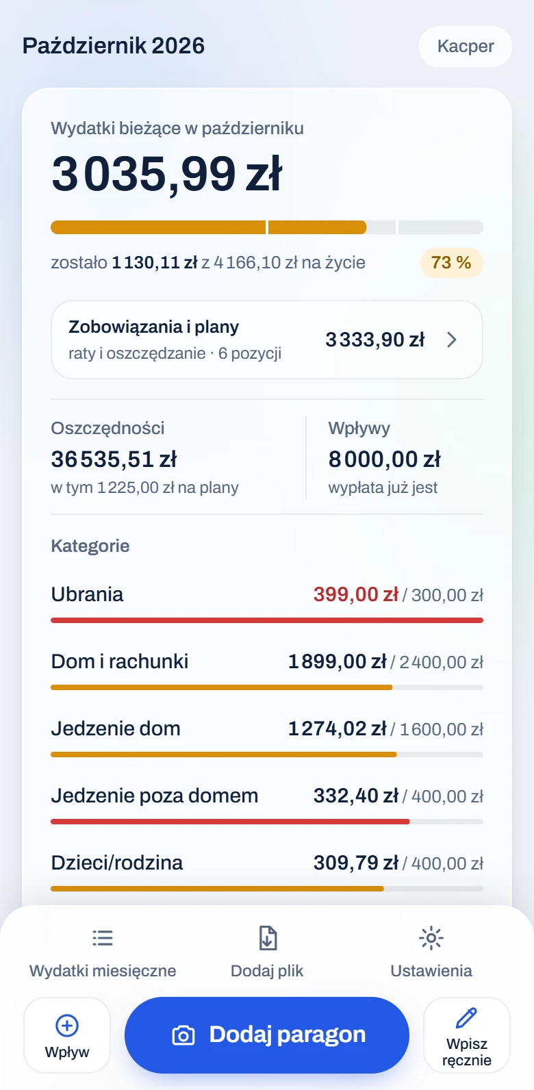 Karta miesiąca z kategoriami: każda z wydaną kwotą, limitem i paskiem.