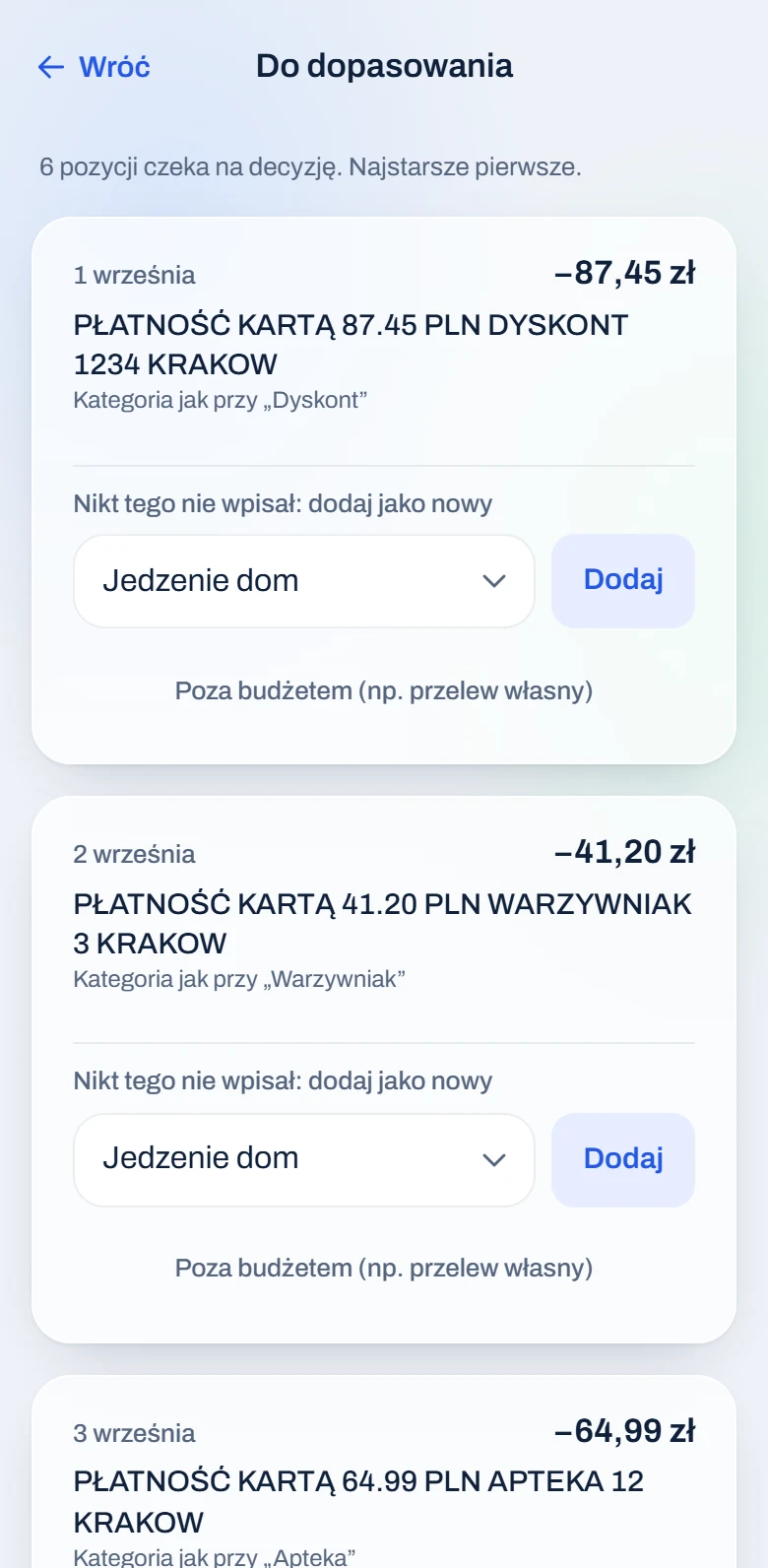 Kolejka „Do dopasowania”: sześć pozycji z wyciągu, przy każdej kategoria podpowiedziana po sklepie.