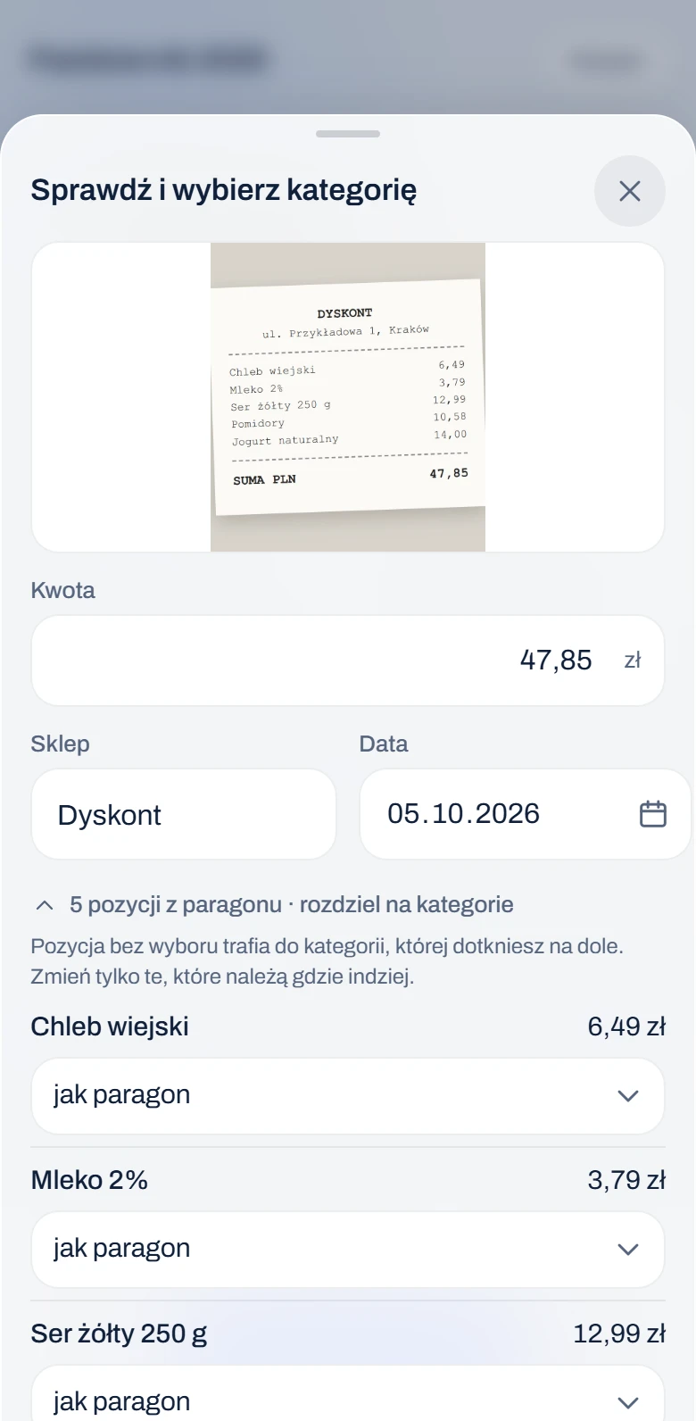 Odczytany paragon: Dyskont, 47,85 zł, pięć pozycji do rozdzielenia na kategorie.